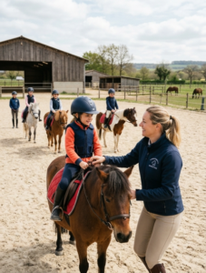 Moniteur équestre encadre des enfants au cours d'un cours d'équitation.