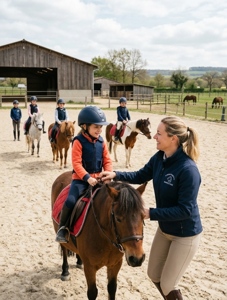 Moniteur équestre encadre des enfants au cours d'un cours d'équitation.